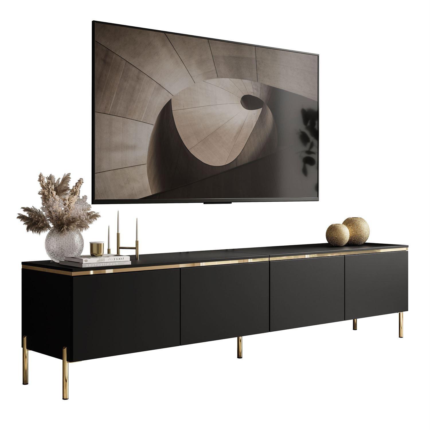 TV-SCHRANK CELINE 200 cm schwarz matt auf gerade goldenen Füßen - Schwarz, Holzwerkstoff (200/49/40cm) - Lookway