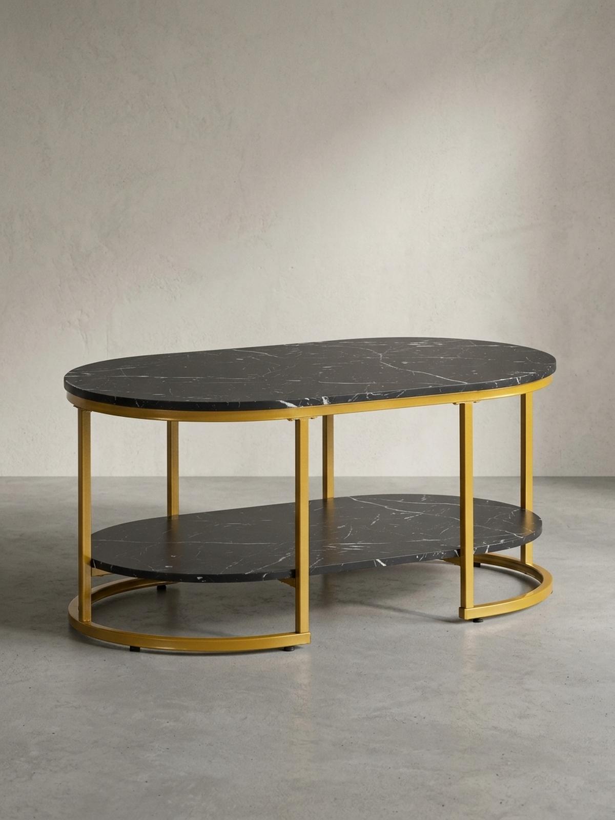 COUCHTISCH mit Marmor Optik, rechteckig, Ablage, goldenes Metallgestell, Schwarz 100x60x45 cm - Goldfarben/Schwarz, Holzwerkstoff/Metall (60/100/45cm) - KADIMA DESIGN