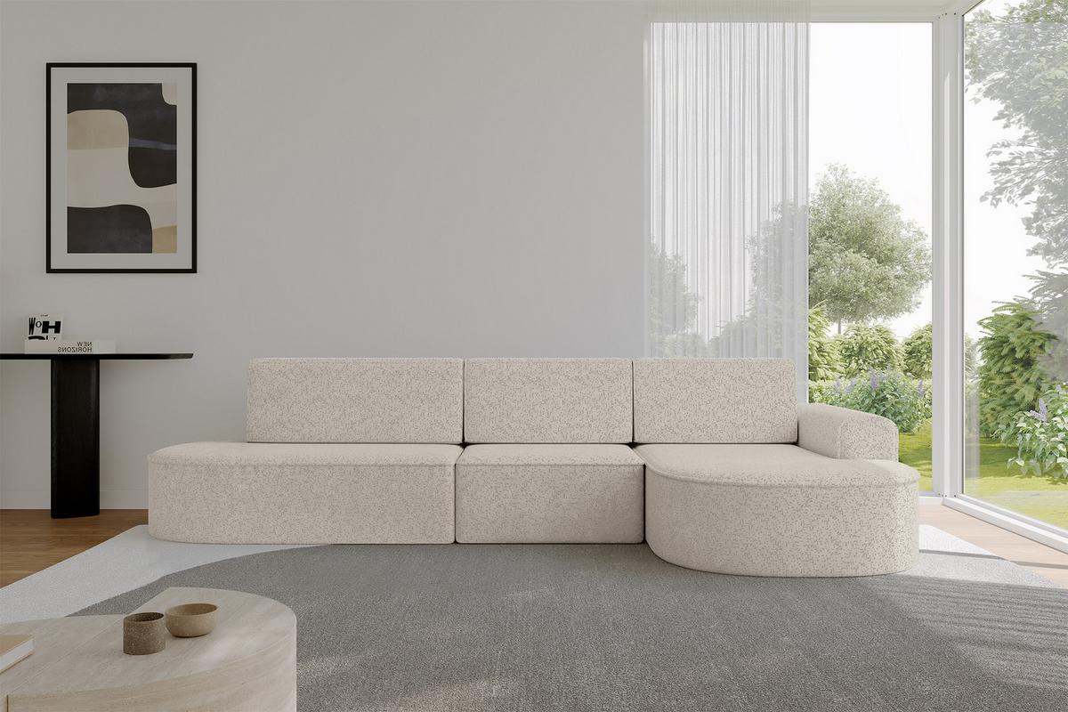 ECKSOFA mit Schlaffunktion Ottomane RECHTS MARI L2-S 368X167X85 Beige Velours - Ecru/Schwarz, Holzwerkstoff/Kunststoff (167/368cm) - ALTDECOR