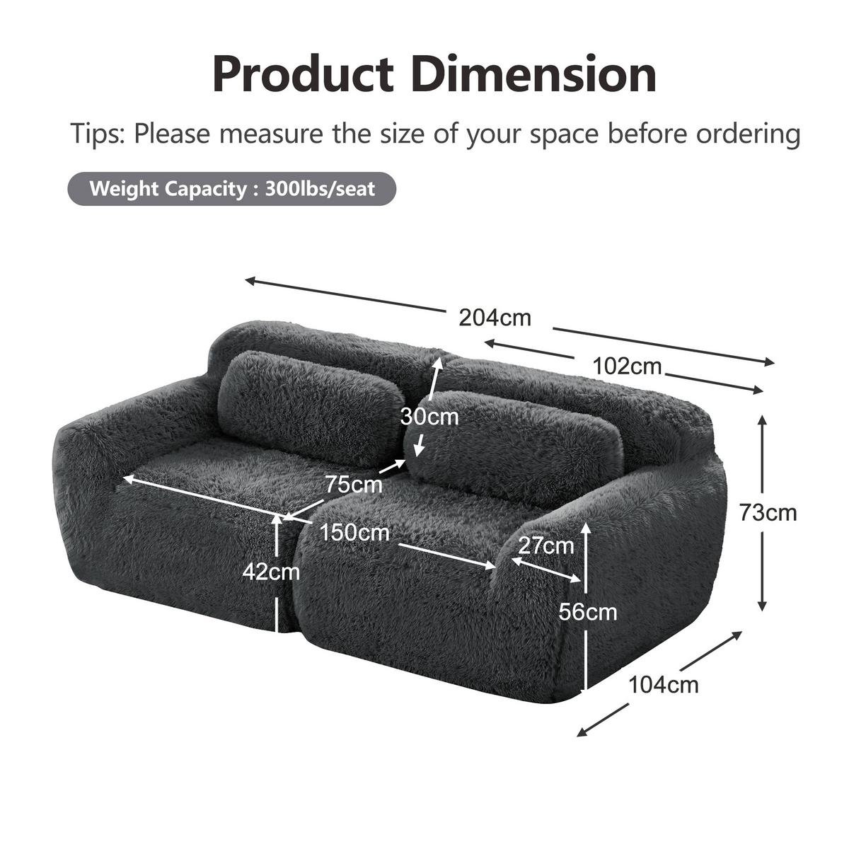 2-SITZER SOFA plüschstoff grau mit rahmenlosem design & rutschfester basis - Grau, Textil (204/73/104cm) - Urban Meuble