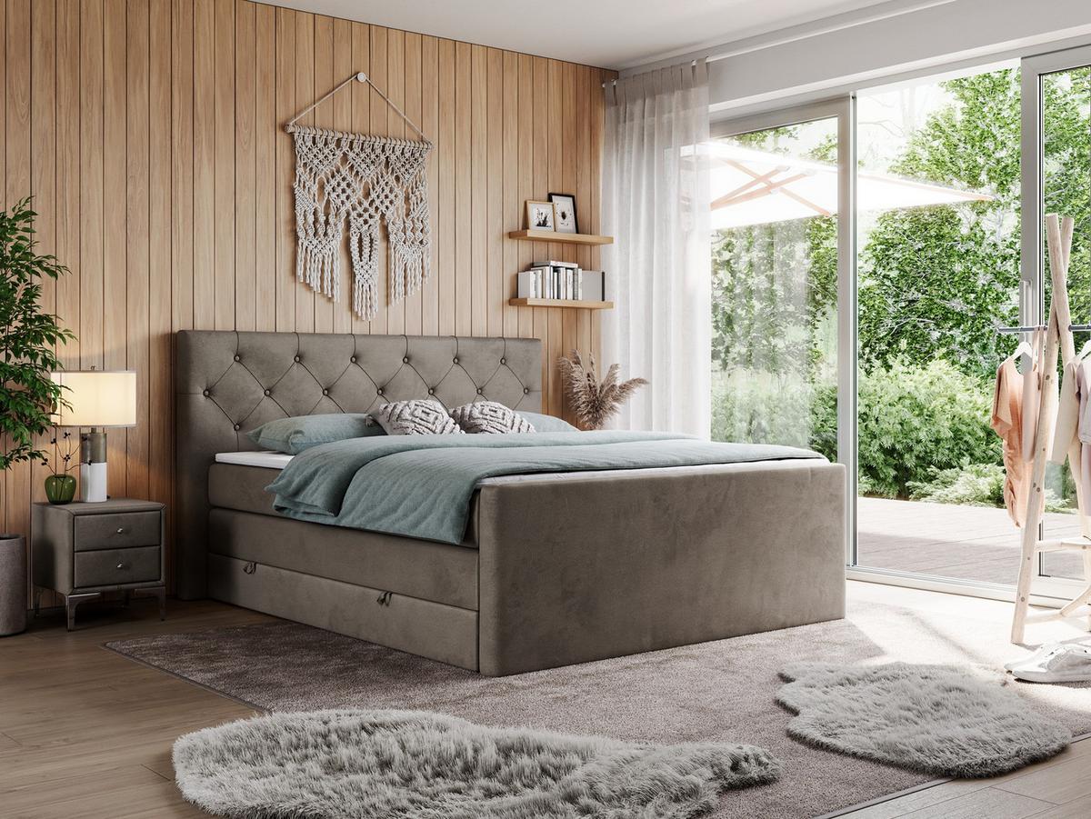 BOXSPRINGBETT KING VELEN 160/200 Braun Velvet - H3 - Braun, Holz/Textil (160/200cm) - MKS