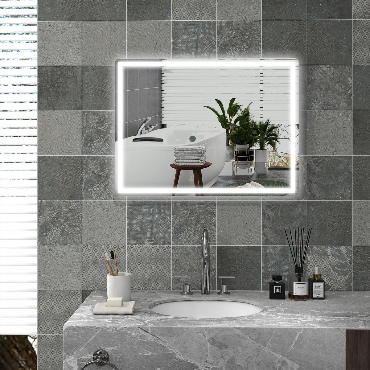 BADSPIEGEL, mit Touchschalter, Memory-Funktion, beschlagfrei, Wasserdicht - Silberfarben, Glas (60/4/80cm) - HOMCOM
