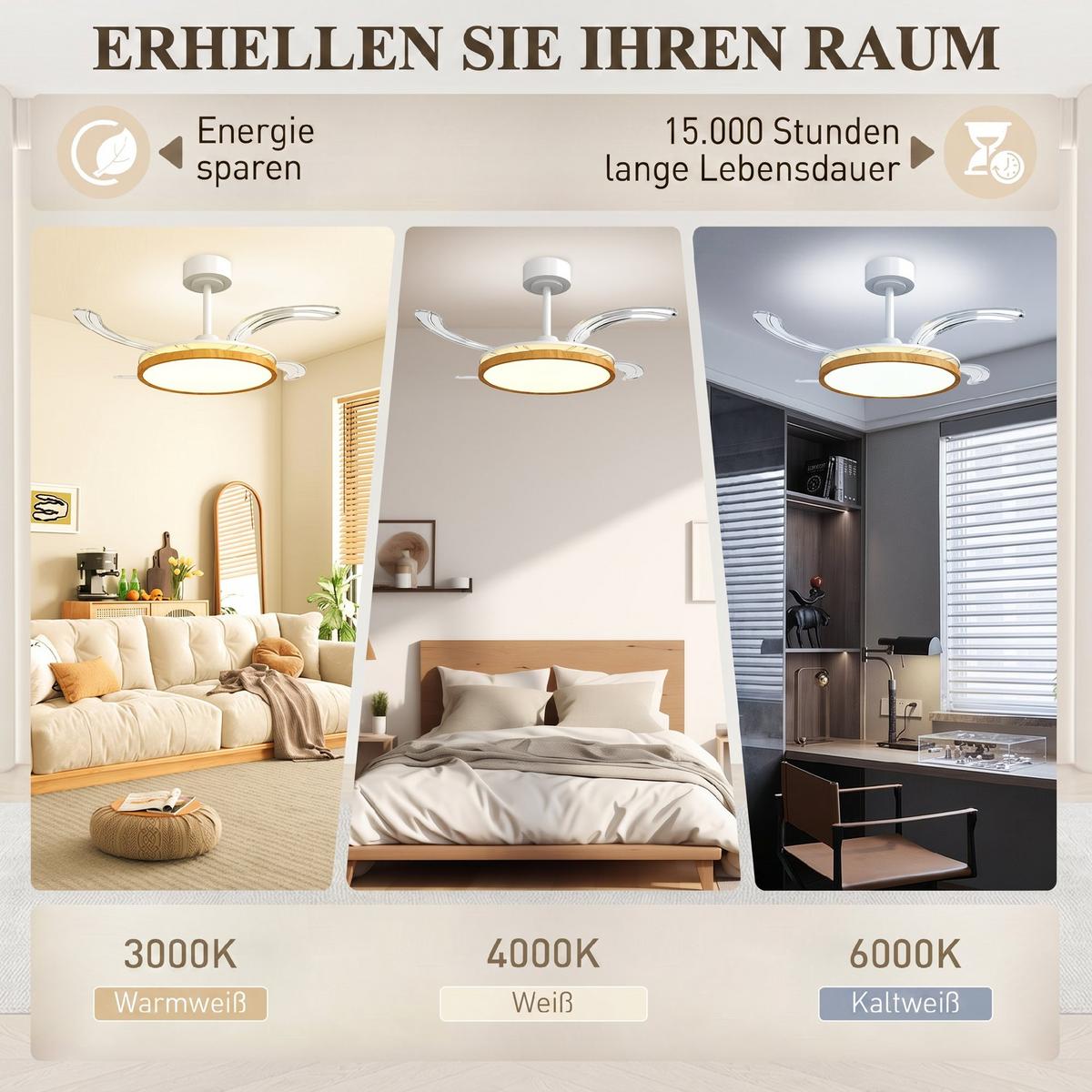 DECKENVENTILATOR-MIT-LICHT Stahl Naturholz - Naturfarben, Metall (95/95/36cm) - HOMCOM