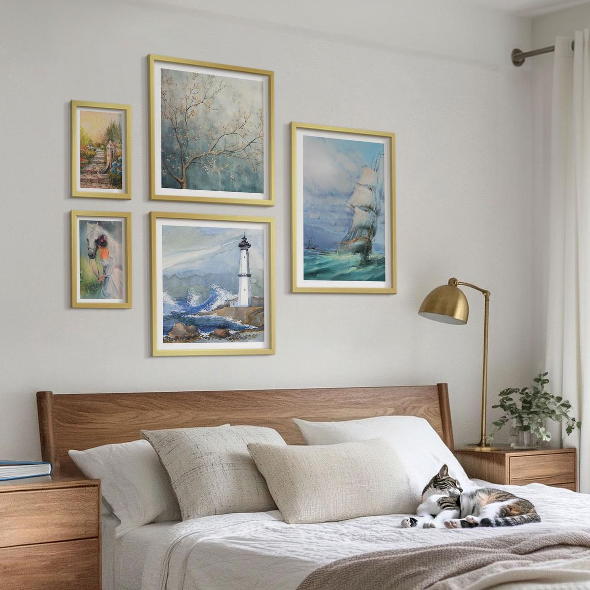 BILDER SET 5er Set - 50x50 cm & 20x30 cm & 40x60 cm Goldrahmen - Familienillustrationen Hausschilder - Goldfarben, Kunststoff (40/60cm) - TULUP