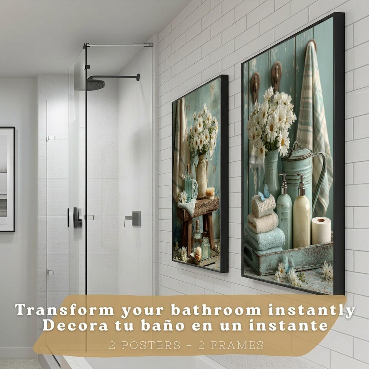 POSTER Set mit 2 dekorativen Badezimmer-Drucken, Shabby Chic Blumenposter für Wand, Waschbecken, romantische Dekoration mit Blumen Schwarzer Rahmen A3 - Schwarz, Papier (42/29.7/3cm) - Nacnic