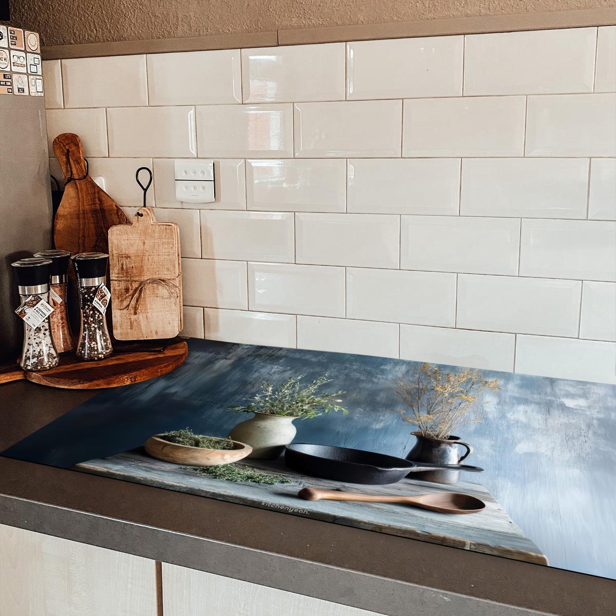 HERDABDECKPLATTE Stilleben - Kräuter - Rustikal Ceranfeldabdeckung 90x52 cm - Blaugrau, Kunststoff (90/52/0.2cm) - MuchoWow