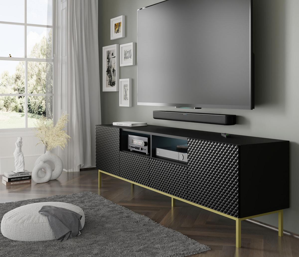 TV LOWBOARD Schwarz, Schwarz Hochglanz, Gold 200/58/42 - Schwarz Hochglanz/Schwarz, Holzwerkstoff (200/58/42cm) - RAUMHIRSCH FURNITURE