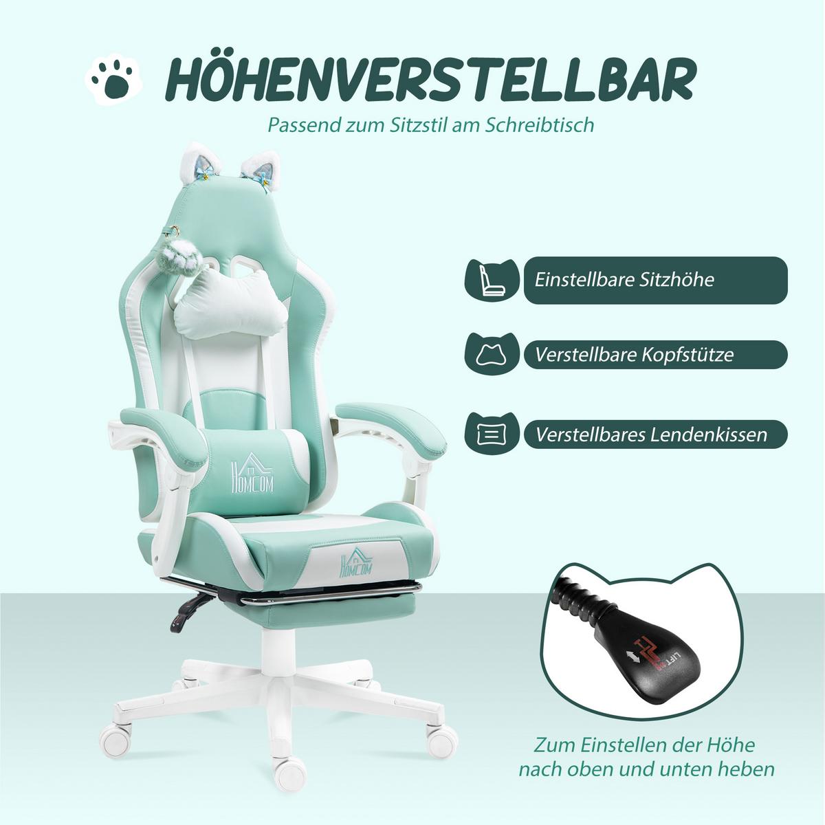 GAMING-STUHL Kunstleder Hellblau - Weiß/Hellblau, Textil (62/124/65cm) - HOMCOM