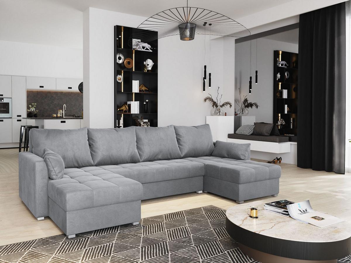 WOHNLANDSCHAFT NAKO M Hellgrau Velours-Stoff mit Schlaffunktion - Hellgrau/Grau, Holz/Kunststoff (285/85/140cm) - MASSENO