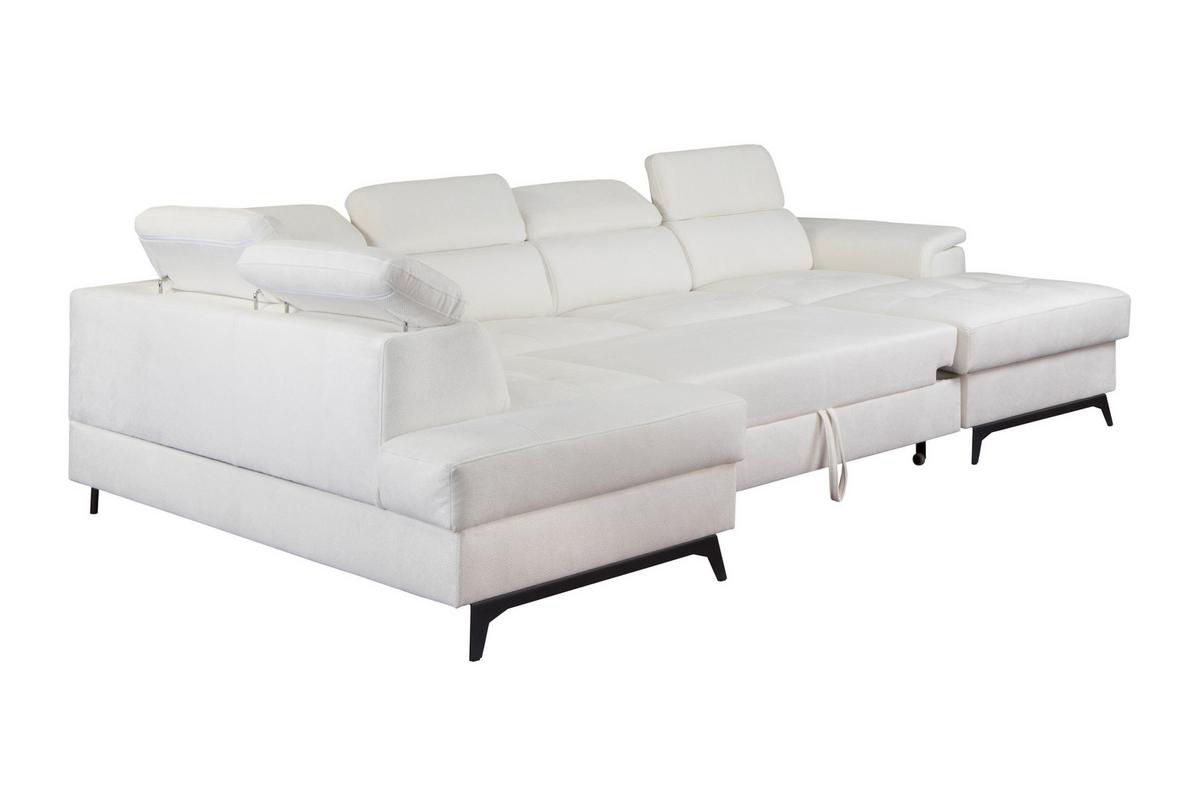 WOHNLANDSCHAFT VOLA Weiß Velours-Stoff mit Schlaffunktion - Weiß, Holz (348/105/199cm) - MASSENO