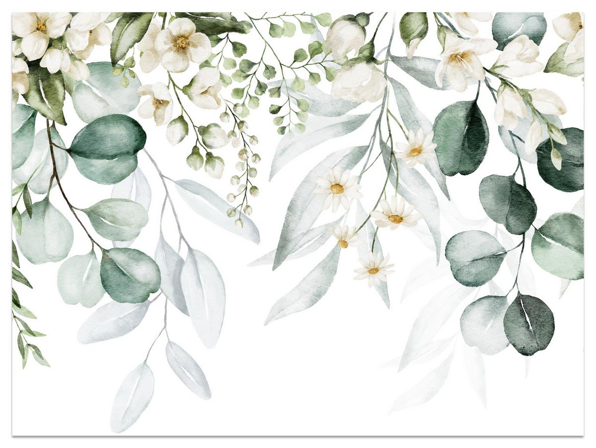 FOTOTAPETE für Schlafzimmer Aquarell Blätter Blumen Weiß 350x256 - Gelb/Weiß, Papier (350/256cm) - Muralo