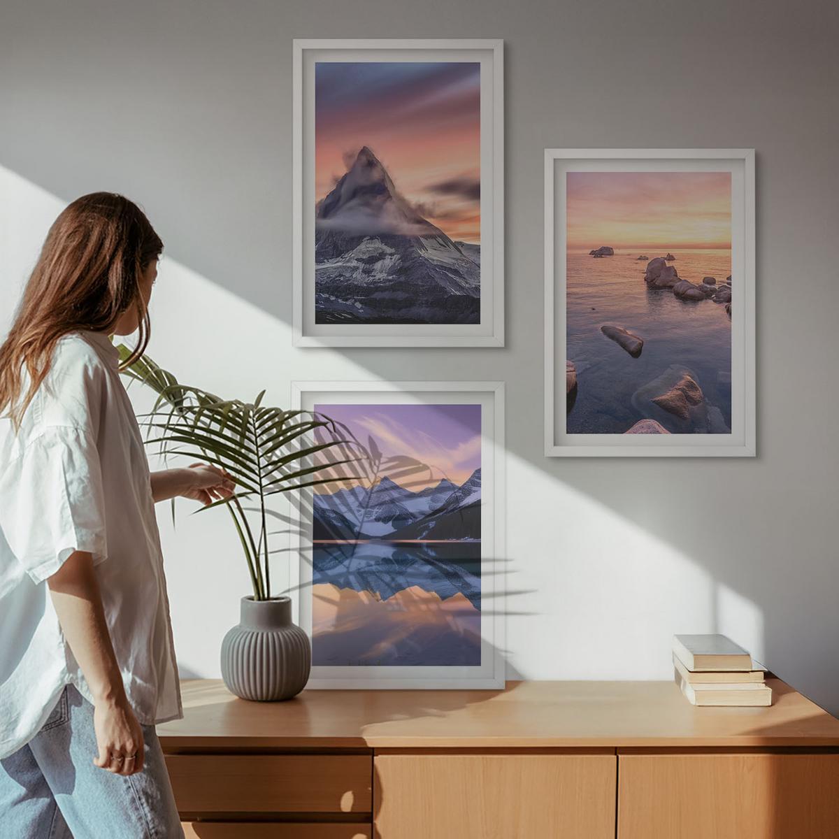 BILDER SET 3er Set - 40x60 cm Weißer Rahmen - Berglandschaft, See, Westen - Weiß, Kunststoff (40/60cm) - TULUP