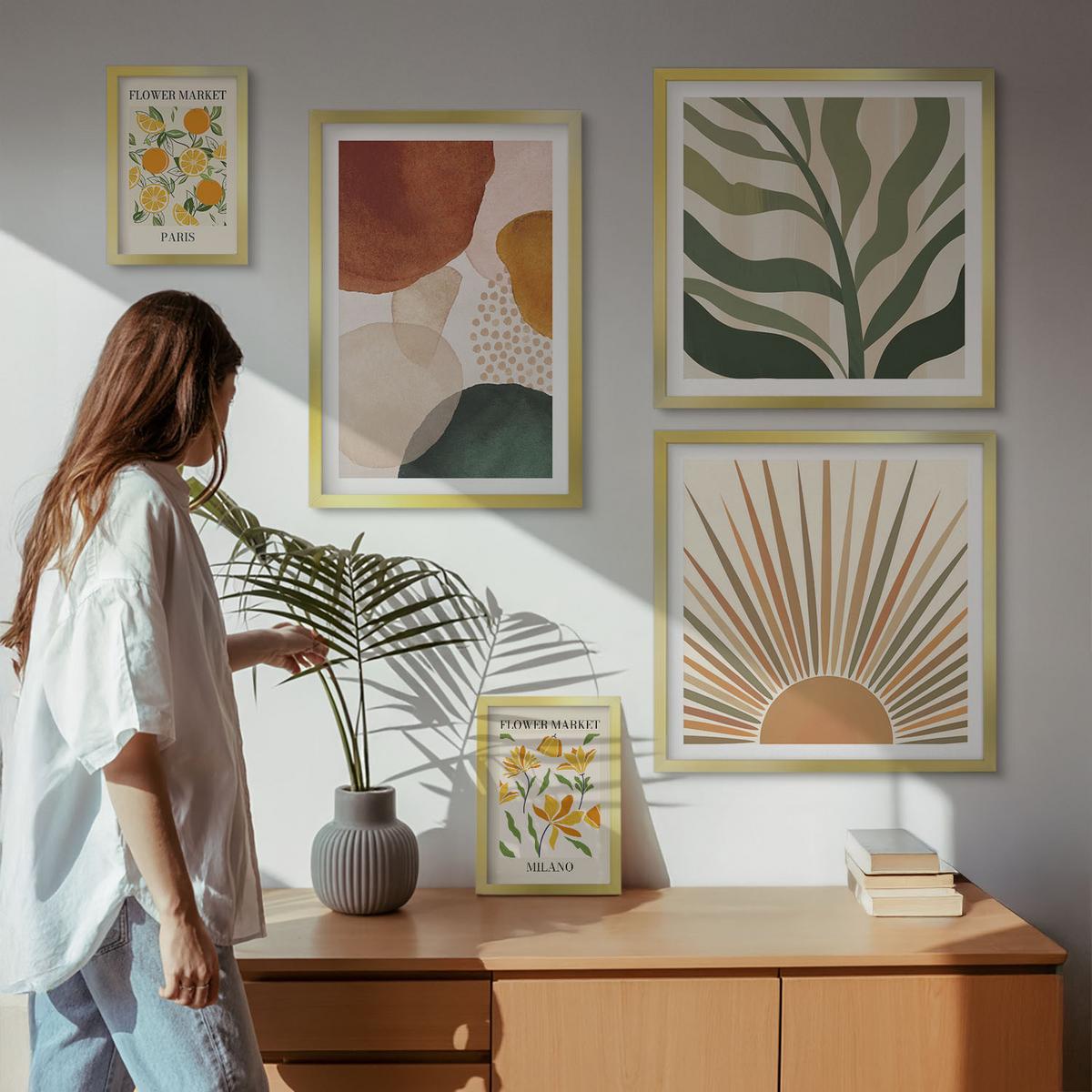 BILDER SET 5er Set - 50x50 cm & 20x30 cm & 40x60 cm Goldrahmen - Abstrakte Blumenmotive - Goldfarben, Kunststoff (40/60cm) - TULUP