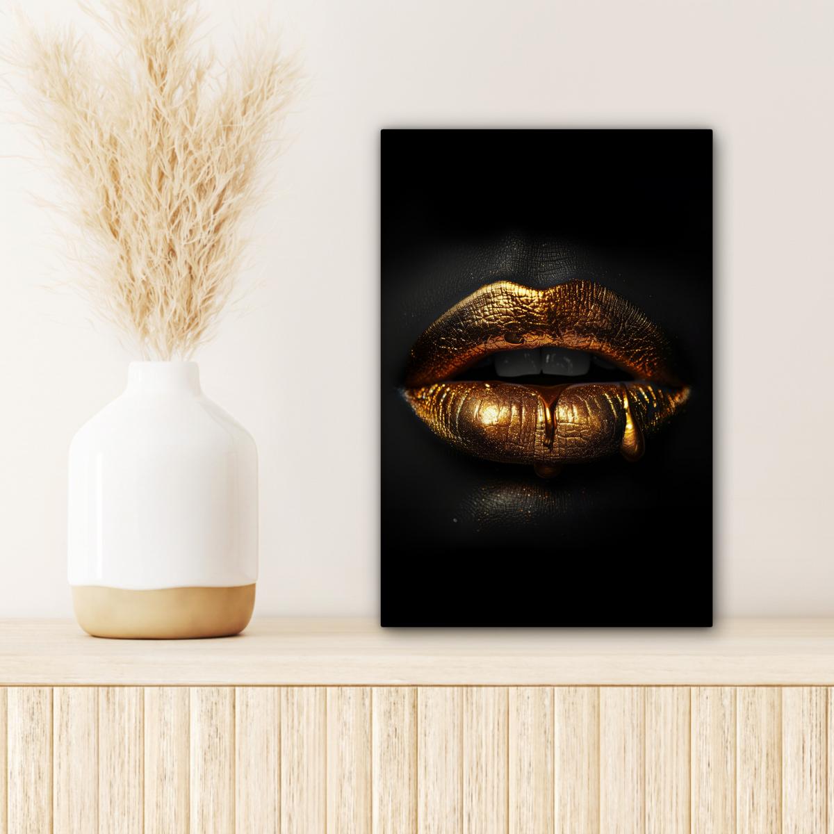 LEINWANDBILD Frau - Porträt - Lippen - Gold - Schwarz Deko Wohnzimmer 20x30 cm - Schwarz, Textil (20/30cm) - MuchoWow