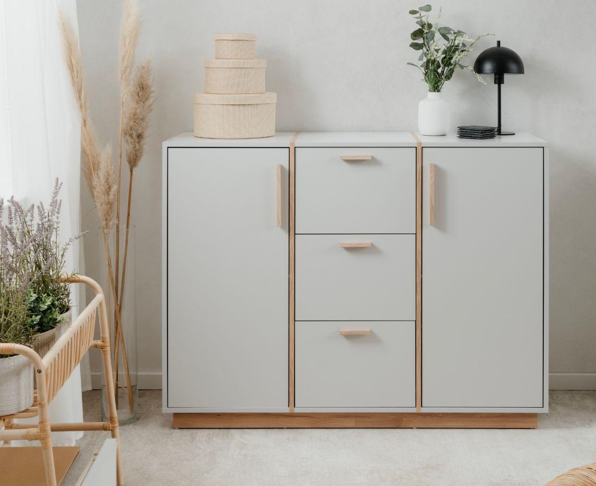 KOMMODE grau, Hickory Walnuss 125 cm, Sideboard mit viel Stauraum - Walnussfarben/Hellgrau, Holzwerkstoff (125/94/40cm) - Furn.Design