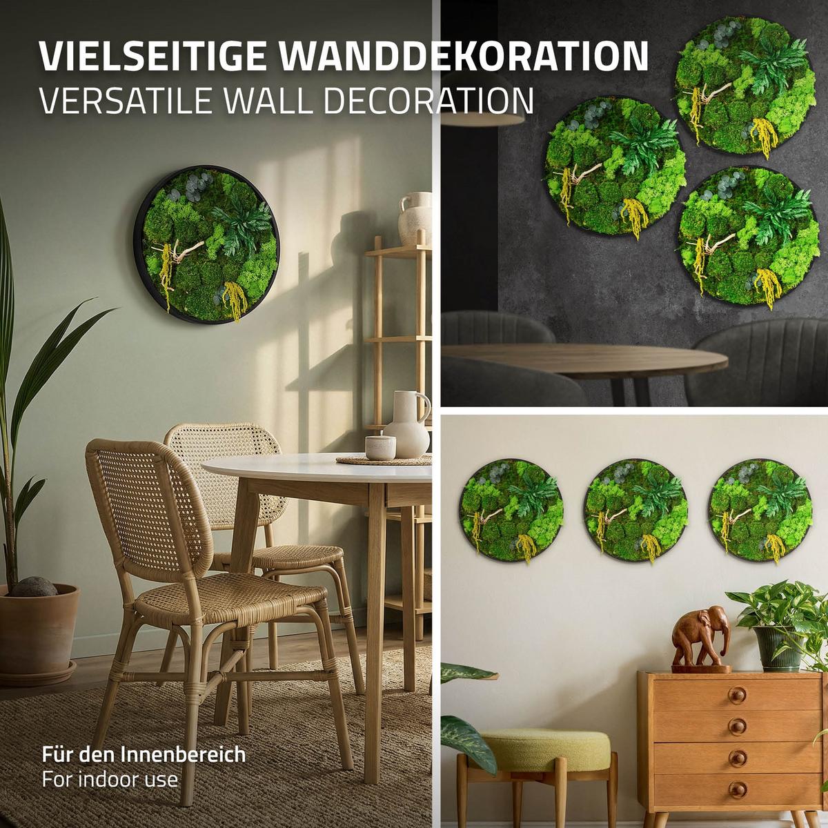 MOOSBILD Rund Ø 40 cm Mooswand Indoor mit echtem Kugel-, Island- und Flachmoos-Mix und Ästen Holzrahmen Grün - Gelb/Grün, Naturmaterialien (40/40/3cm) - ECD-Germany