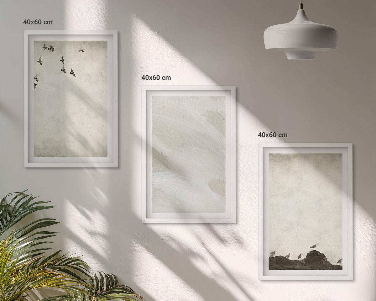 BILDER SET 3er Set - 40x60 cm Weißer Rahmen - Vögel, Steine, Pinselstriche, Verzierungen - Weiß, Kunststoff (40/60cm) - TULUP