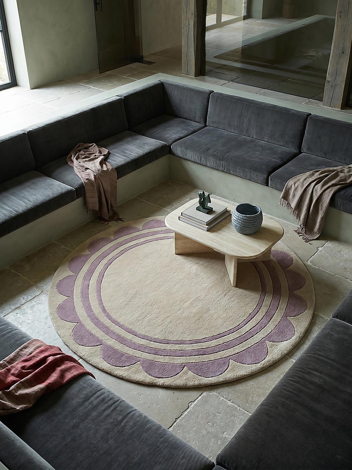WOLLTEPPICH WENSUM, mit grafischem Muster mit Rahmen, Lila-Beige, Ø 120 cm - Lila, Textil (120/120cm) - KADIMA DESIGN