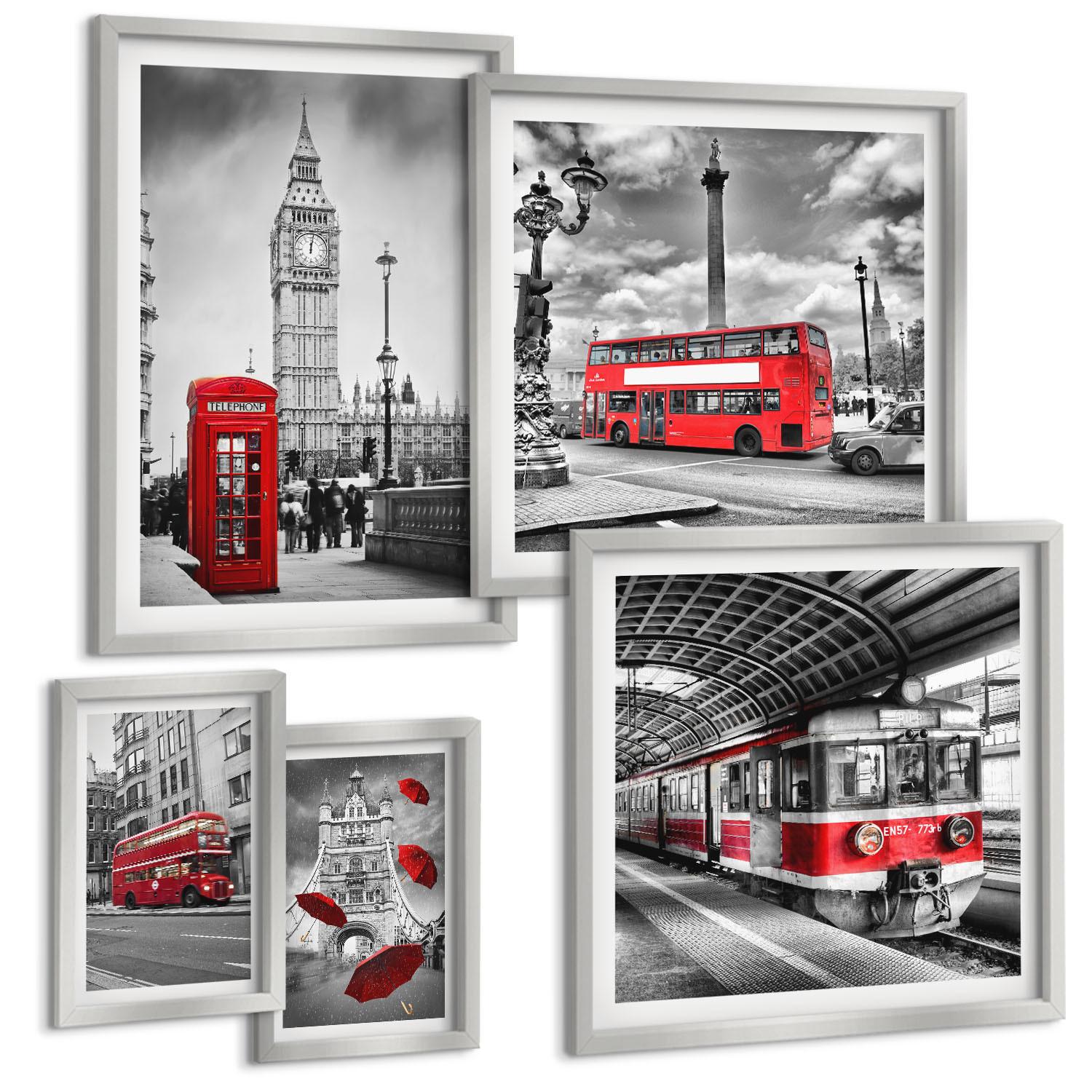 BILDER SET 5er Set - 50x50 cm & 20x30 cm & 40x60 cm Silberner Rahmen - Tropischer Wald Papageienwasserfall - Silberfarben, Kunststoff (40/60cm) - TULUP