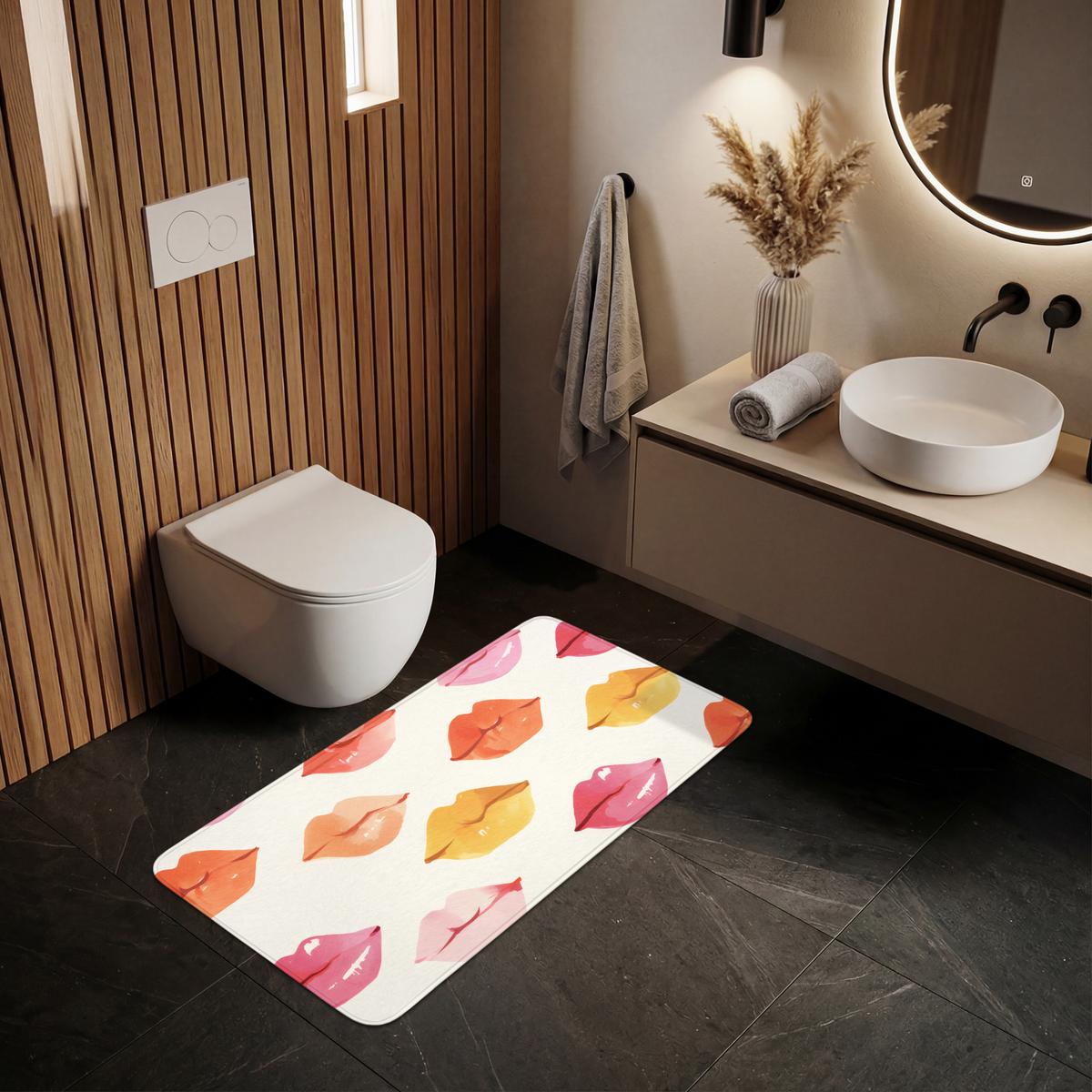 BADEMATTE Lippen - Bunt - Glänzend 120x60 cm - Rosa, Textil (120/60cm) - OnlyWow