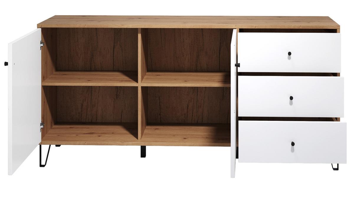 SIDEBOARD weiß matt mit Rautenoptik, Eiche Artisan 183 cm, Kommode mit Soft-Close - Eichefarben/Schwarz, Holzwerkstoff/Kunststoff (183/76/40cm) - Top.Furn