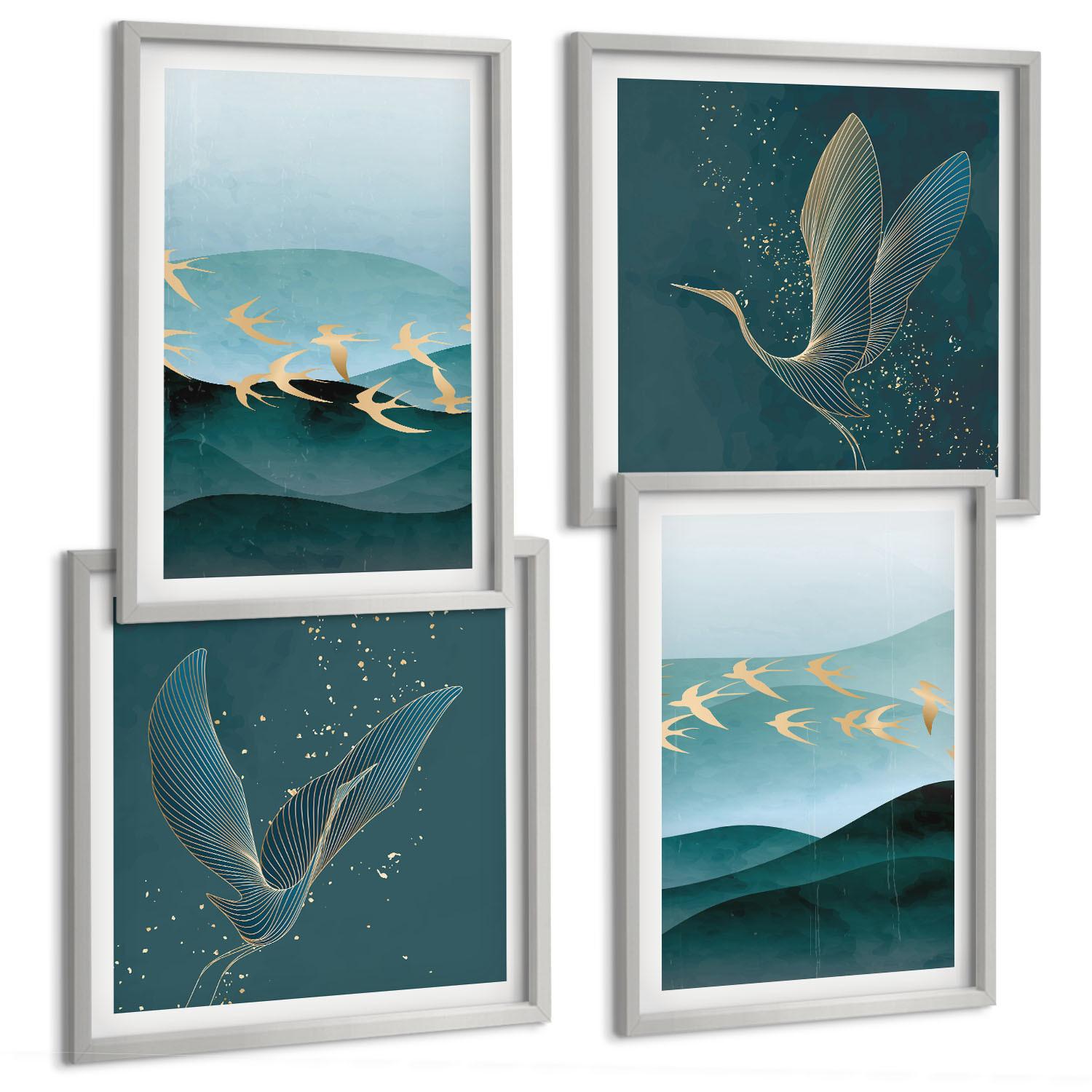 BILDER SET 4er Set - 50x50 cm & 40x60 cm Silberner Rahmen - Abstrakte Landschaften von Vogelwellen - Silberfarben, Kunststoff (50/50cm) - TULUP
