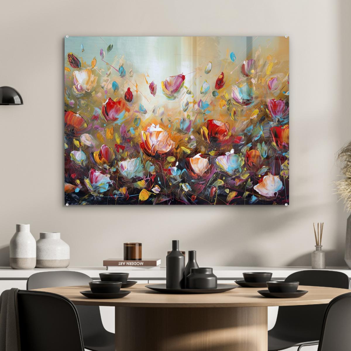 ACRYLGLASBILD Blumen - Kunst - Natur - Ölgemälde 80x60 cm - Multicolor, Glas (80/60cm) - MuchoWow