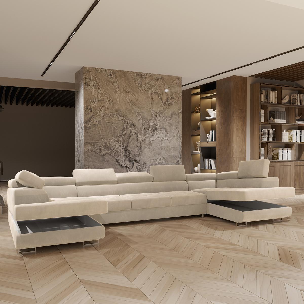 WOHNLANDSCHAFT ISOLANO Creme Velours-Stoff mit Schlaffunktion - Creme, Holz (408/90/202cm) - MASSENO