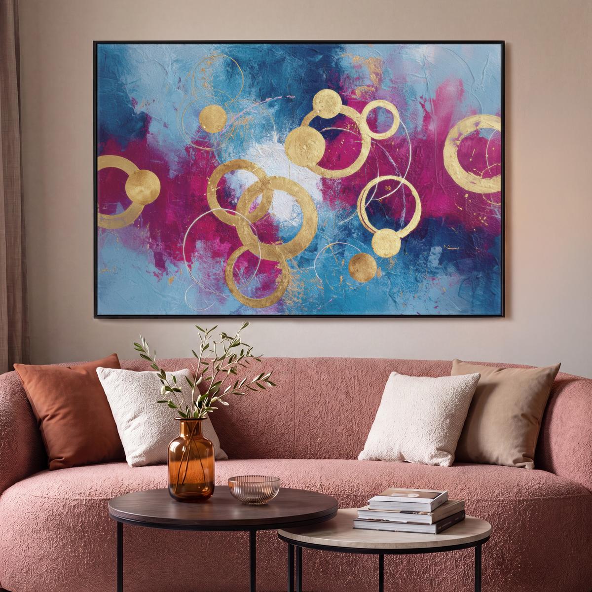 LEINWAND Bilder mit Rahmen - Kreise - Gold - Abstrakt - 150x100 - Blau, Textil (150/100cm) - MuchoWow