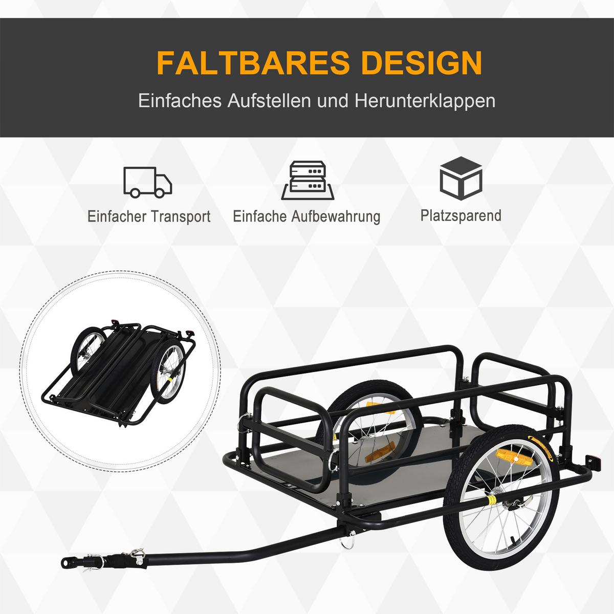 FAHRRADANHÄNGER Lastenanhänger für Fahrrad 40 kg Belastbarkeit Stahl - Schwarz, Metall (71.5/49/139cm) - HOMCOM