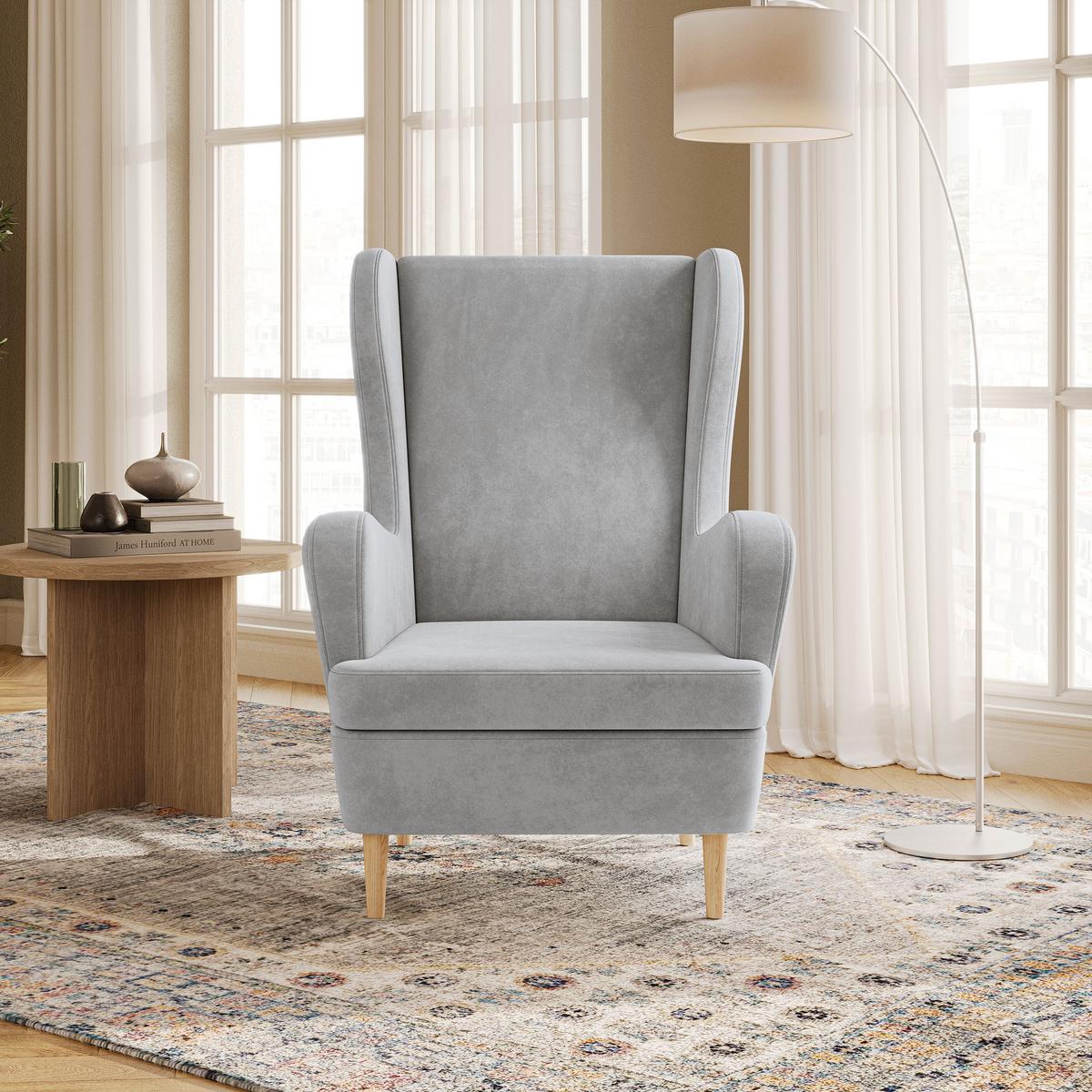 SESSEL VOGERA Ohrensessel Polstersessel, Hellgrau - Eichefarben/Hellgrau, Holzwerkstoff (78/103/85cm) - MASSENO