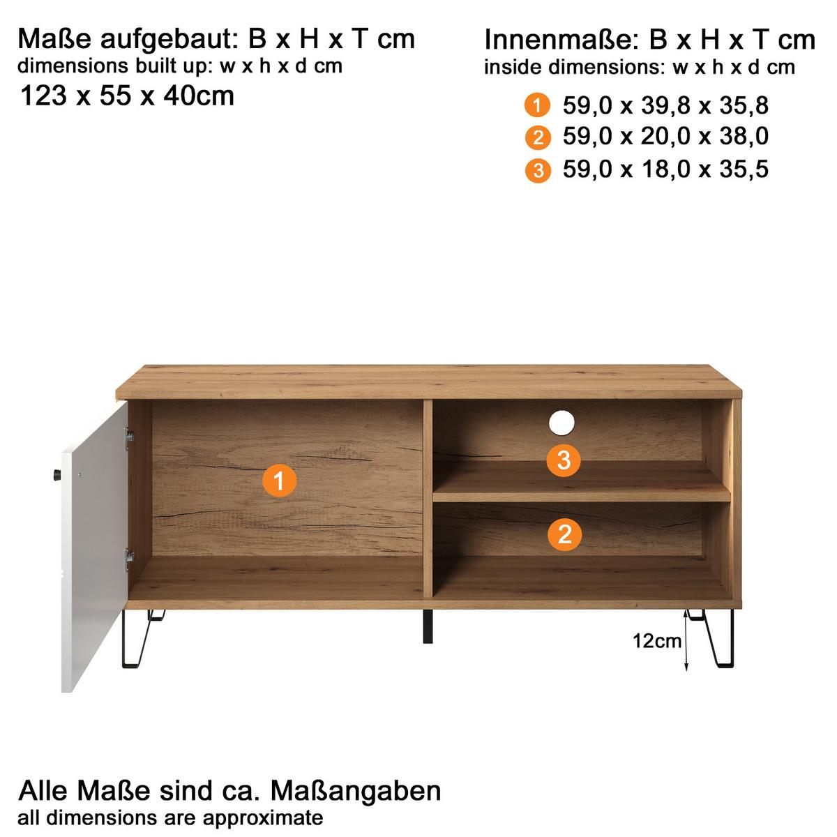TV-LOWBOARD weiß matt, Eiche Artisan 123 cm,TV-Unterteil mit moderner Rautenoptik - Eichefarben/Schwarz, Holzwerkstoff/Kunststoff (123/56/40cm) - Top.Furn