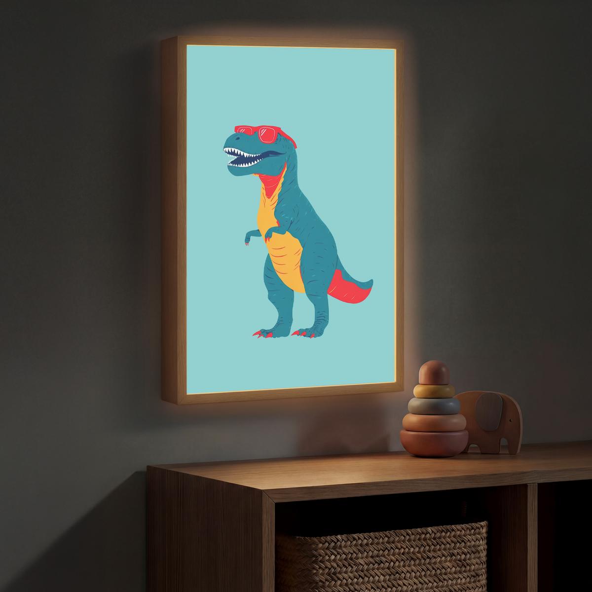 WANDLEUCHTE MIT AKKU Dinosaurier - Blau - Sonnenbrille 40x60 cm - Hellblau, Holzwerkstoff (40/60/8cm) - OnlyWow