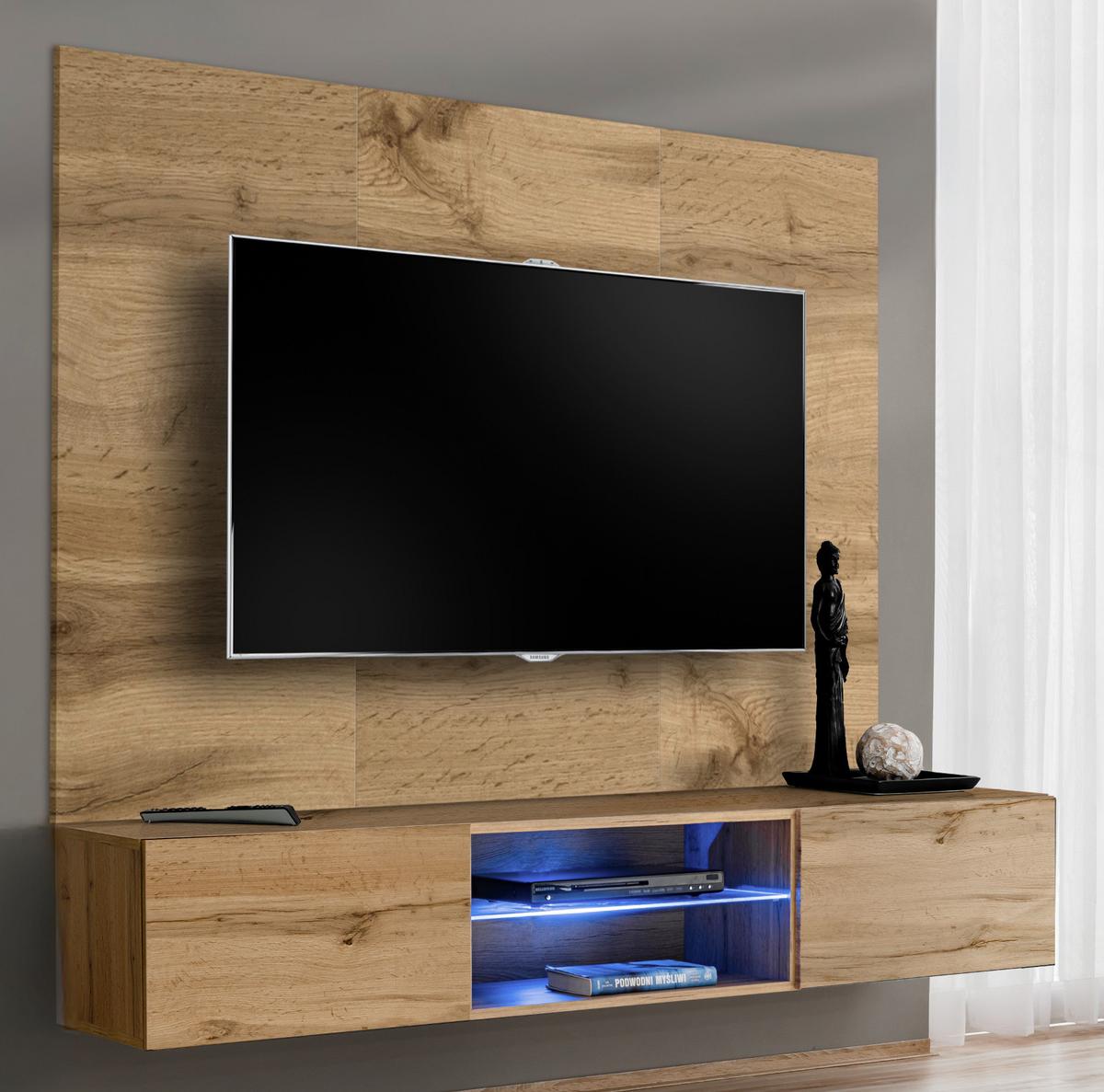 TV-LOWBOARD Eiche Wotan 180 cm hängend, Set inklusive LED-Beleuchtung und Akustikpaneel - Eiche Wotan, Glas/Holzwerkstoff (180/148/40cm) - Inn.Furn