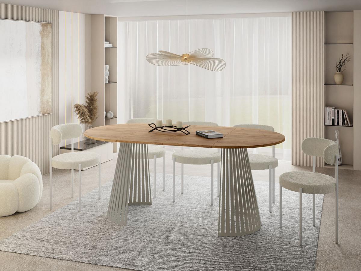 ESSTISCH Naro rund ausziehbar mit Lamellen-Metallgestell in Grau-Beige, Braun 120-200/120/76 cm - Kaschmir/Eiche Wotan, Holzwerkstoff/Metall (120/196/76cm) - WFL GROUP