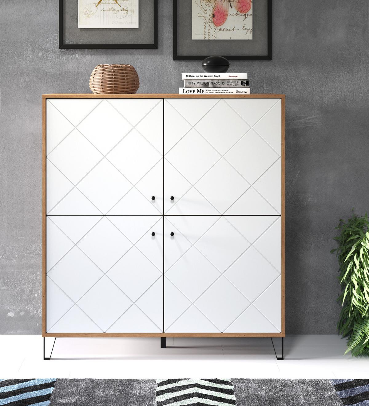 HIGHBOARD weiß matt mit Rautenoptik, Eiche Artisan 123 x 136 cm, Kommode mit Soft-Close - Eichefarben/Schwarz, Holzwerkstoff/Kunststoff (123/136/40cm) - Top.Furn