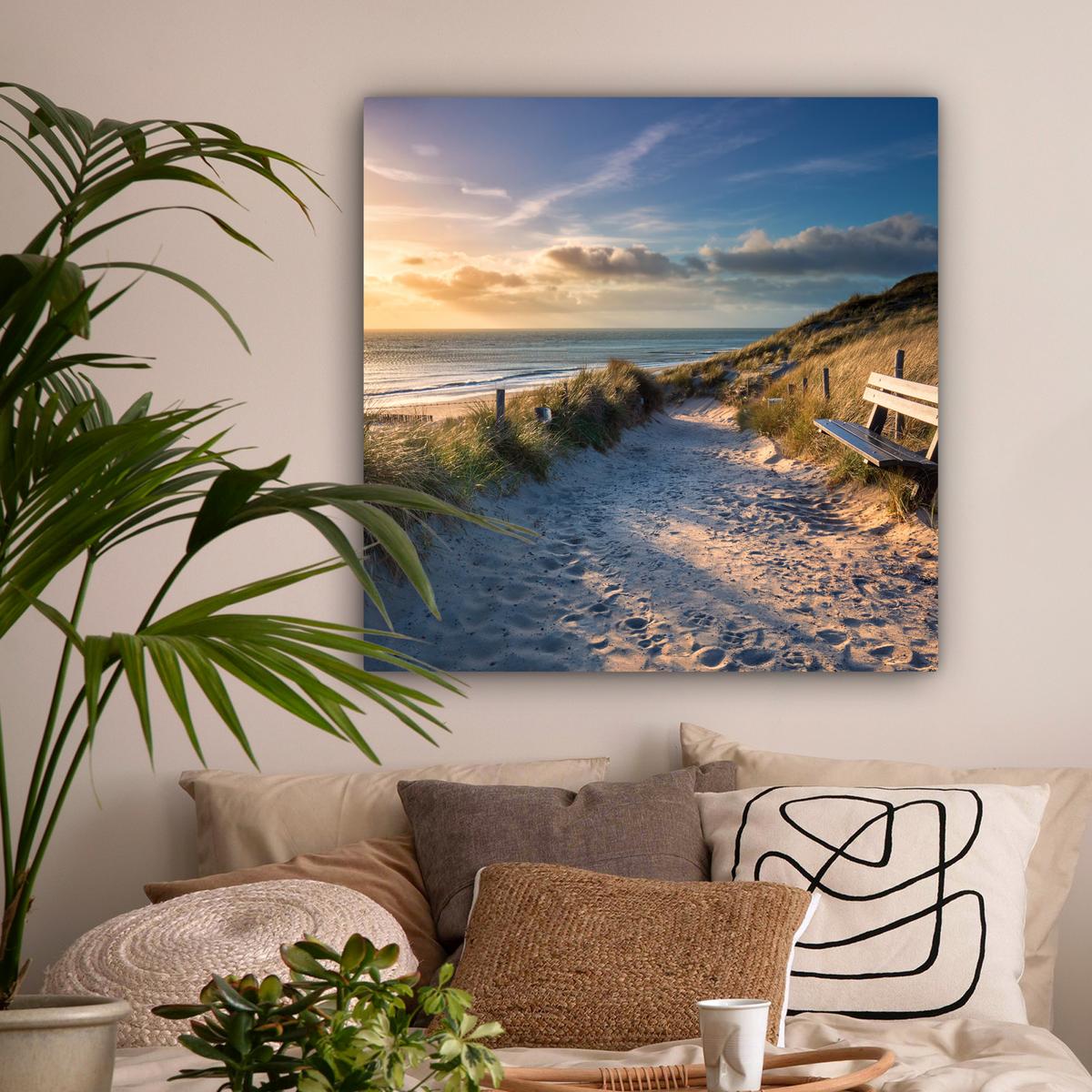 LEINWANDBILD Sonnenuntergang - Strand - Düne - Gras - Ufer Deko Groß 90x90 cm - Sandfarben, Textil (90/90cm) - MuchoWow