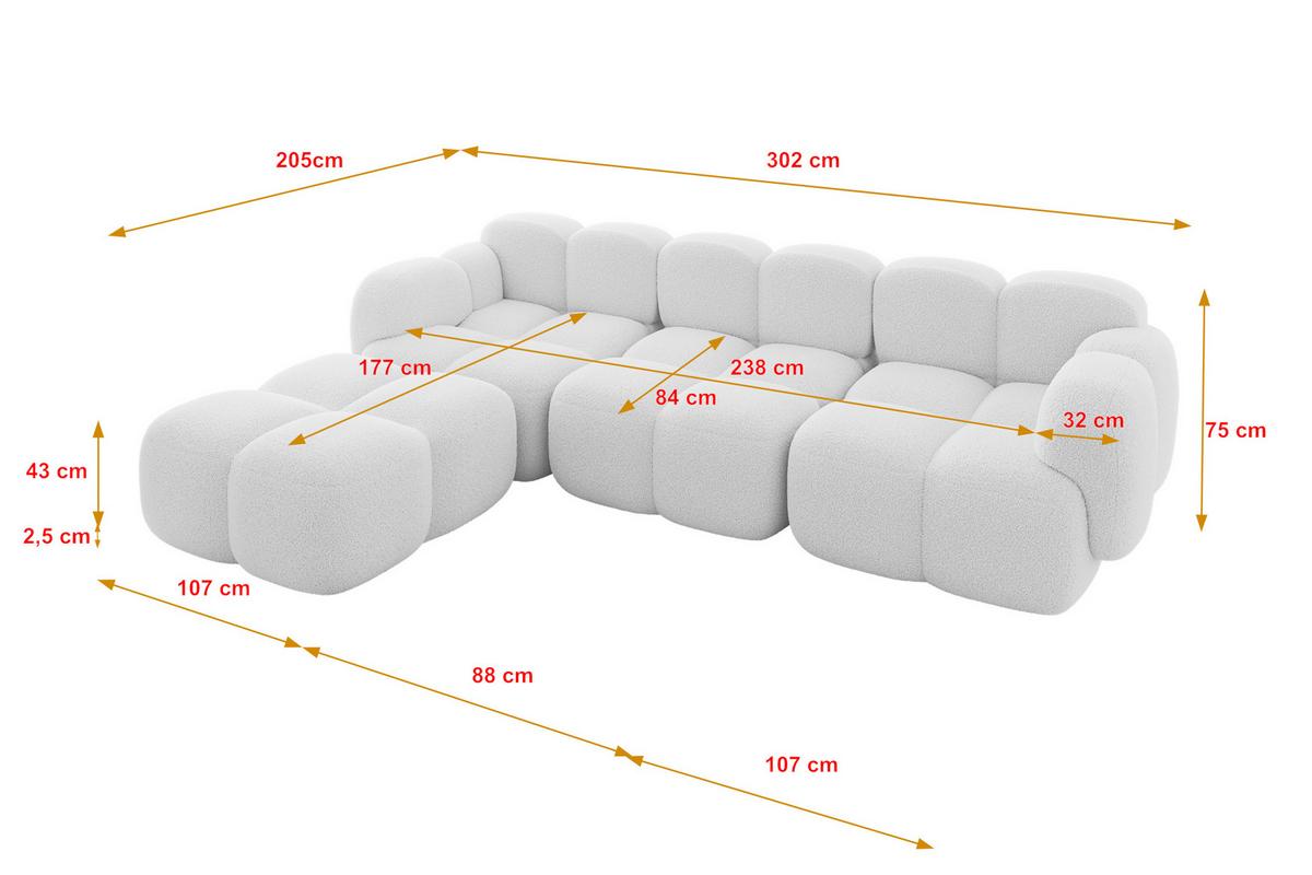 ECKSOFA modulares Sofa Links Miko-L2 302x205x75 Weiß Bouclé - Schwarz/Weiß, Holzwerkstoff/Kunststoff (302/205cm) - ALTDECOR