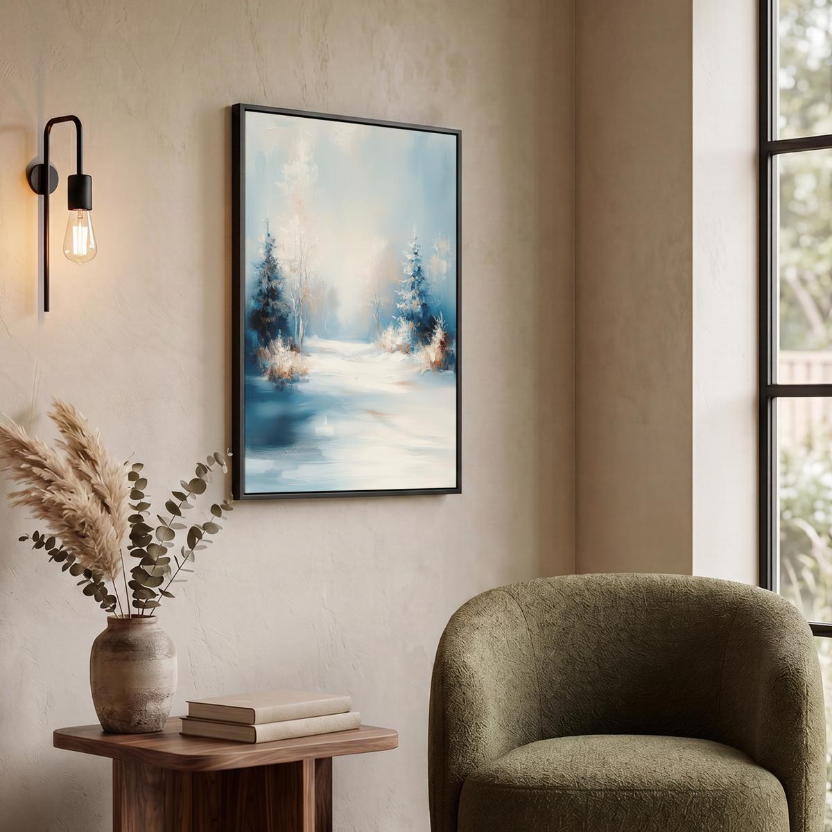 LEINWAND Bilder mit Rahmen - Wald – Winter – Natur – Abstrakt – Schnee - 50x70 - Weiß, Textil (50/70cm) - MuchoWow