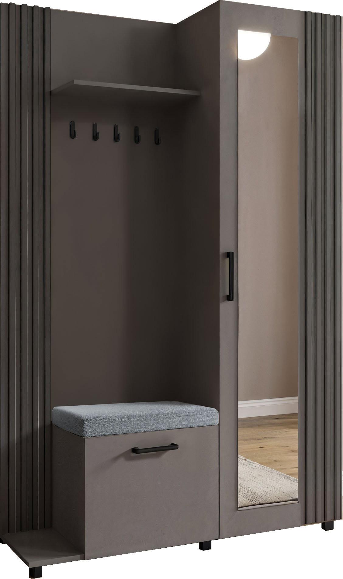 GARDEROBE Linaro mit Spiegel, Sitzbank in Lamellen-Optik 137/207/42 cm, Links - Dunkelgrau/Schwarz, Holzwerkstoff (137/207/42cm) - WFL GROUP