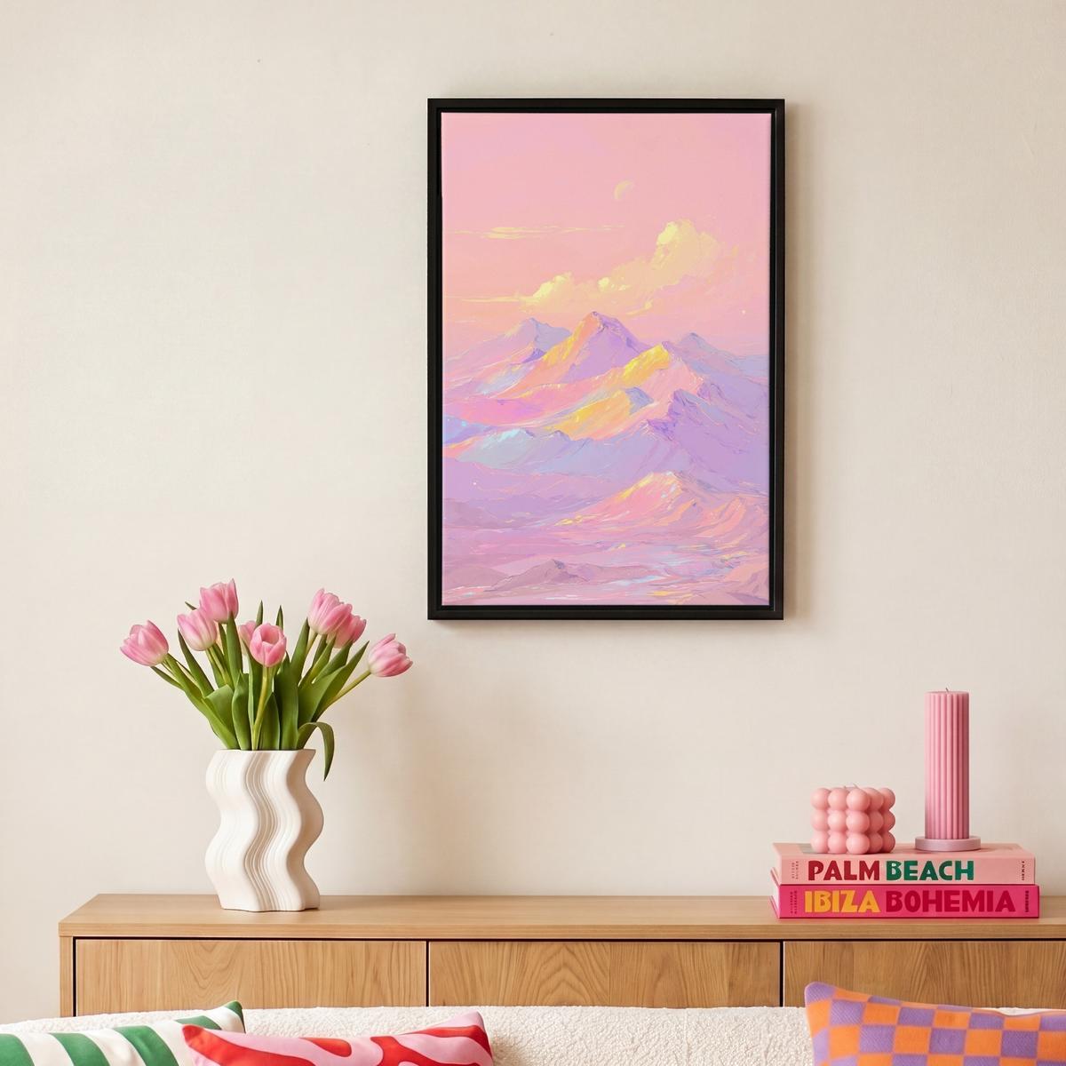 LEINWAND Bilder mit Rahmen - Berggipfel - Wolken - Verträumt - 20x30 - Hellrosa, Textil (20/30cm) - MuchoWow