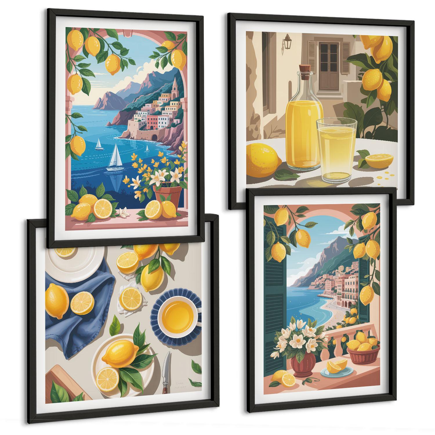 BILDER SET 4er Set - 50x50 cm & 40x60 cm Schwarzer Rahmen - Meerblick, italienische Zitronen - Schwarz, Kunststoff (50/50cm) - TULUP
