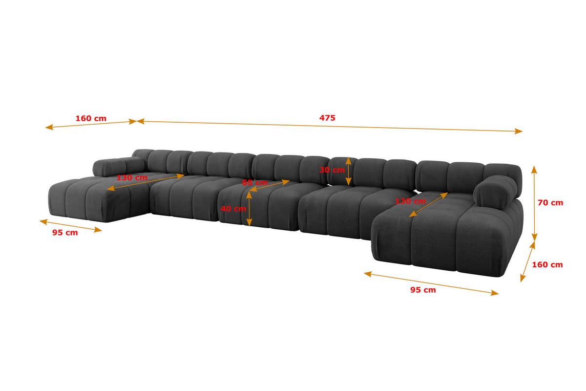 WOHNLANDSCHAFT modulares Sofa Tesso-U3 - 475x160x70 cm Schwarz Velours - Schwarz, Holzwerkstoff/Textil (475/70/160cm) - ALTDECOR