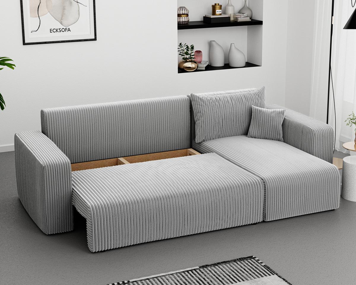 ECKSOFA Grau Cord-Stoff mit Bettkasten - Hellgrau, Textil (248/145cm) - Idohome