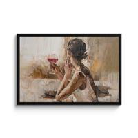 POSTER MIT RAHMENGERAHMTES BILD Ölgemälde - Frau - Wein 90x60 cm - Hellbraun, Papier (90/60cm) - MuchoWow