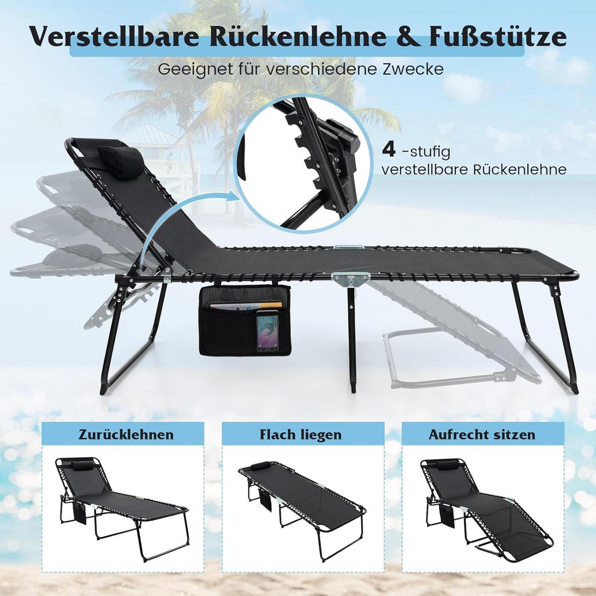 GARTENLIEGE Schwarz - Schwarz, Metall (188/86/69cm) - COSTWAY