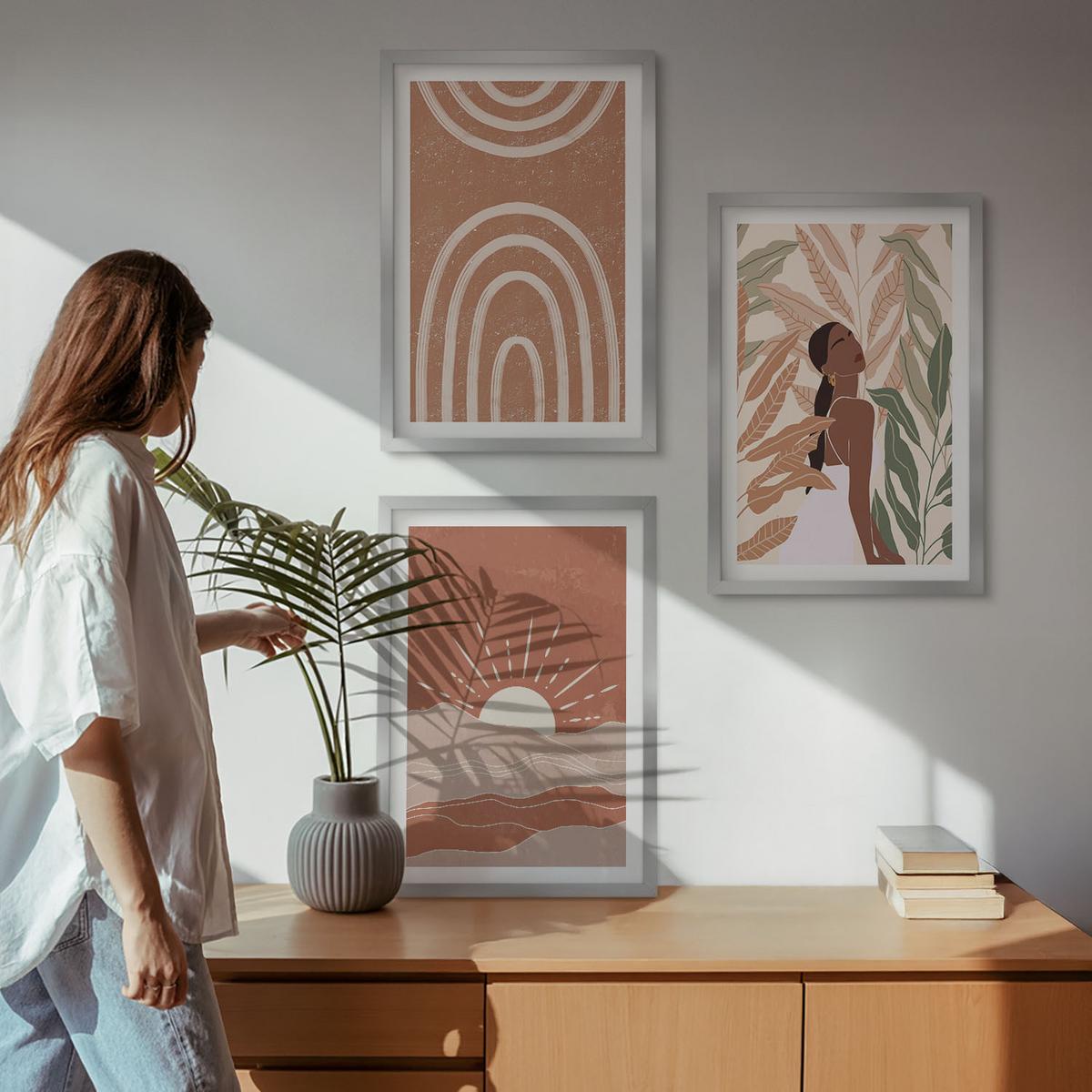 BILDER SET 3er Set - 40x60 cm Silberner Rahmen - abstrakte Formen im Boho-Stil - Silberfarben, Kunststoff (40/60cm) - TULUP