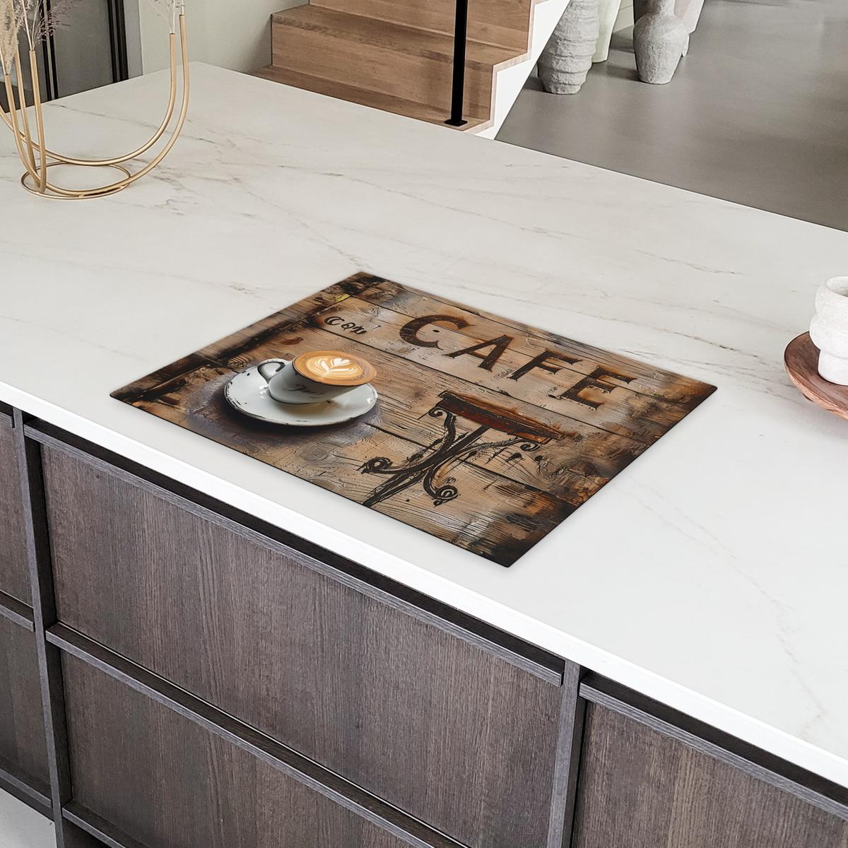 HERDABDECKPLATTE Cafe - Holz - Kaffee - Regale Herdabdeckung Induktionsfeld 70x52 cm - Schwarz, Kunststoff (70/52/0.2cm) - MuchoWow