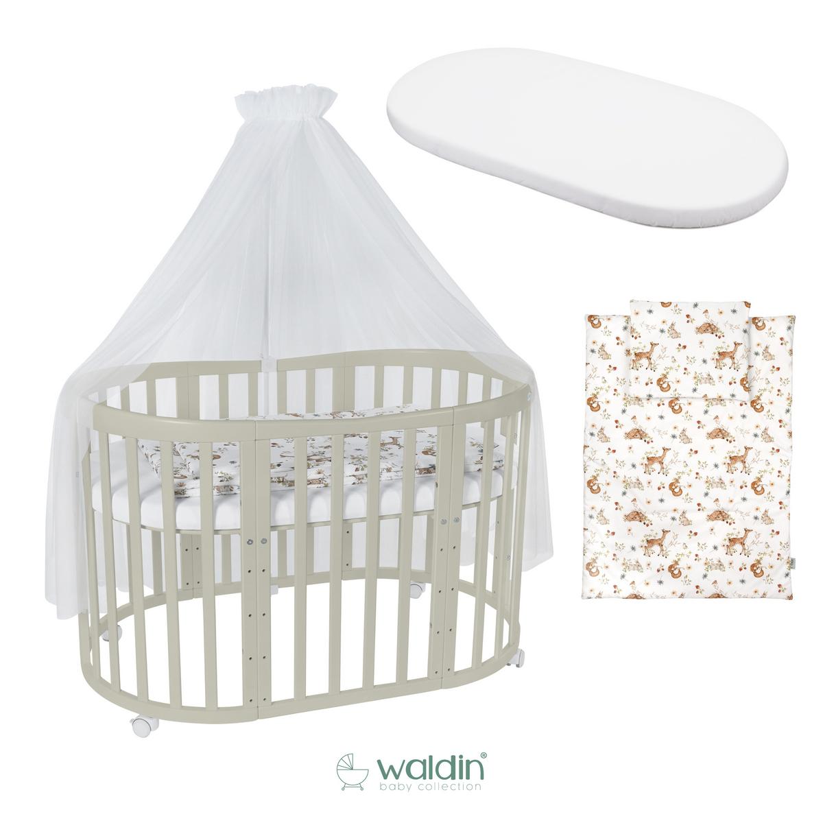 BABYBETT OLIVE OVAL 7in1 mit Matratze und Himmelset - Multicolor/Olivgrün, Holz/Textil (73/125cm) - waldin