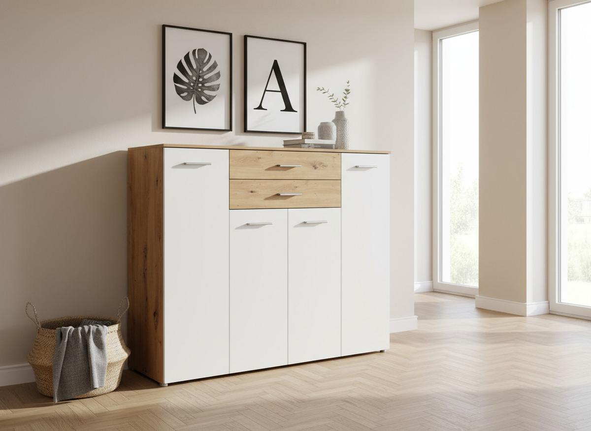 HIGHBOARD Kommode Prato - Silberfarben/Weiß, Holzwerkstoff/Kunststoff (156/123/39cm) - arthur berndt
